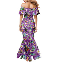 Hawaiian Island Shapes-Iconic Landscape Mermaid Dress with Plumeria and Palaka Purple Color