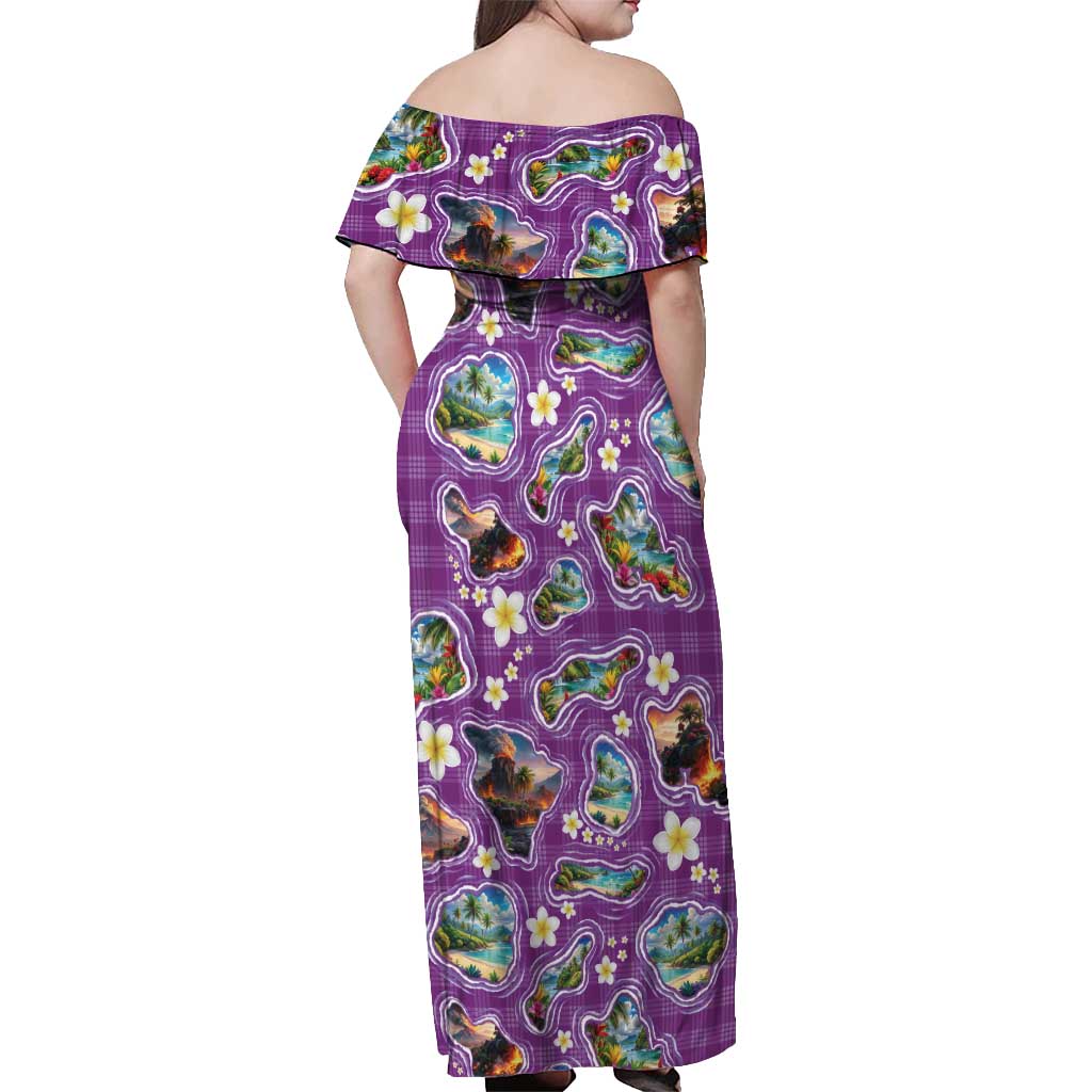 Hawaiian Island Shapes-Iconic Landscape Off Shoulder Maxi Dress with Plumeria and Palaka Purple Color