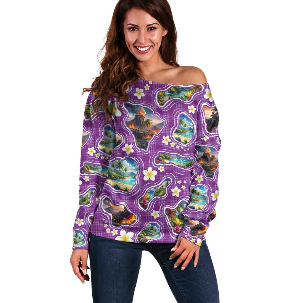 Hawaiian Island Shapes-Iconic Landscape Off Shoulder Sweater with Plumeria and Palaka Purple Color LT03 Women Purple - Polynesian Pride