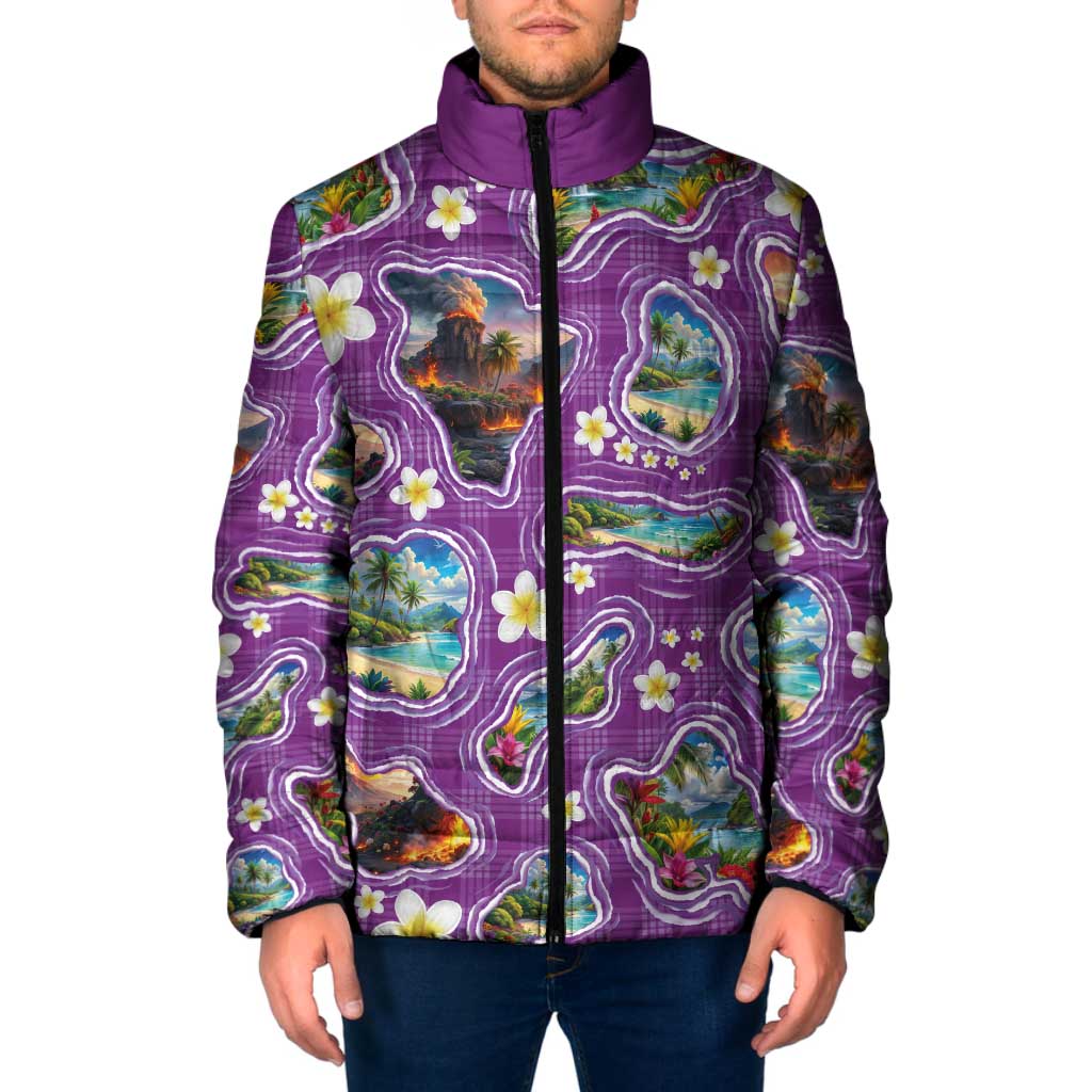 Hawaiian Island Shapes-Iconic Landscape Padded Jacket with Plumeria and Palaka Purple Color LT03 Men Purple - Polynesian Pride