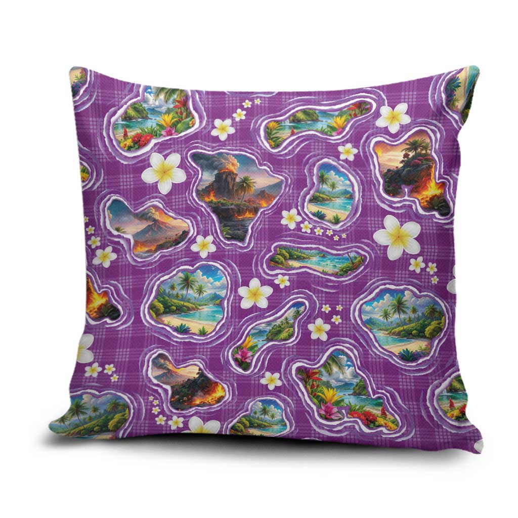 Hawaiian Island Shapes-Iconic Landscape Pillow Cover with Plumeria and Palaka Purple Color