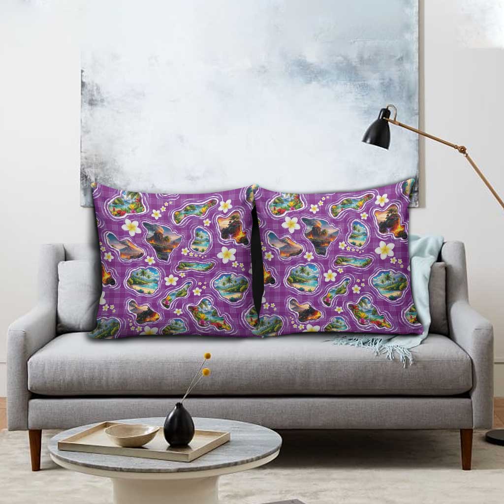 Hawaiian Island Shapes-Iconic Landscape Pillow Cover with Plumeria and Palaka Purple Color