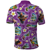 Hawaiian Island Shapes-Iconic Landscape Polo Shirt with Plumeria and Palaka Purple Color