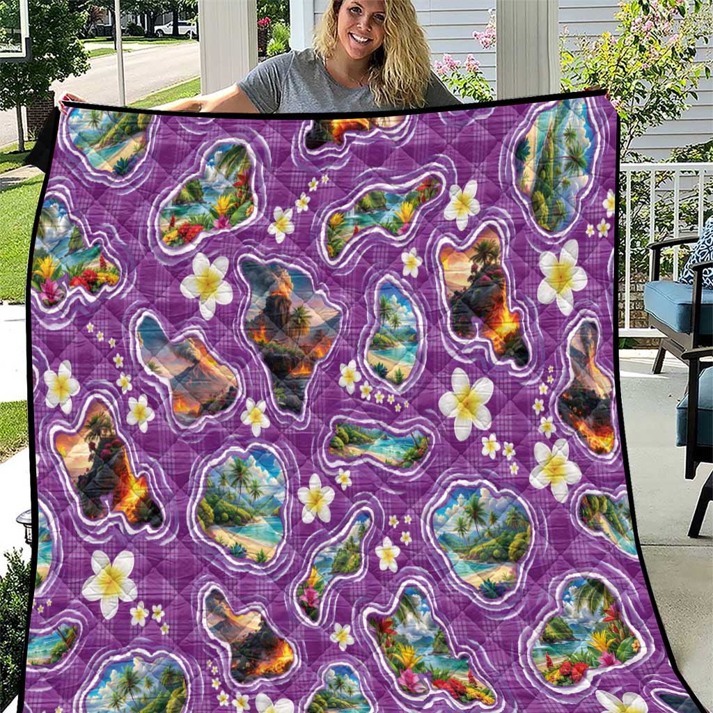 Hawaiian Island Shapes-Iconic Landscape Quilt with Plumeria and Palaka Purple Color LT03 Purple - Polynesian Pride
