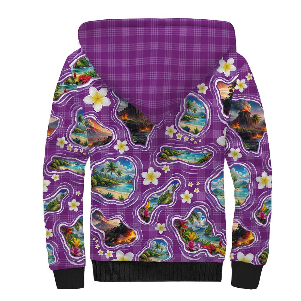 Hawaiian Island Shapes-Iconic Landscape Sherpa Hoodie with Plumeria and Palaka Purple Color