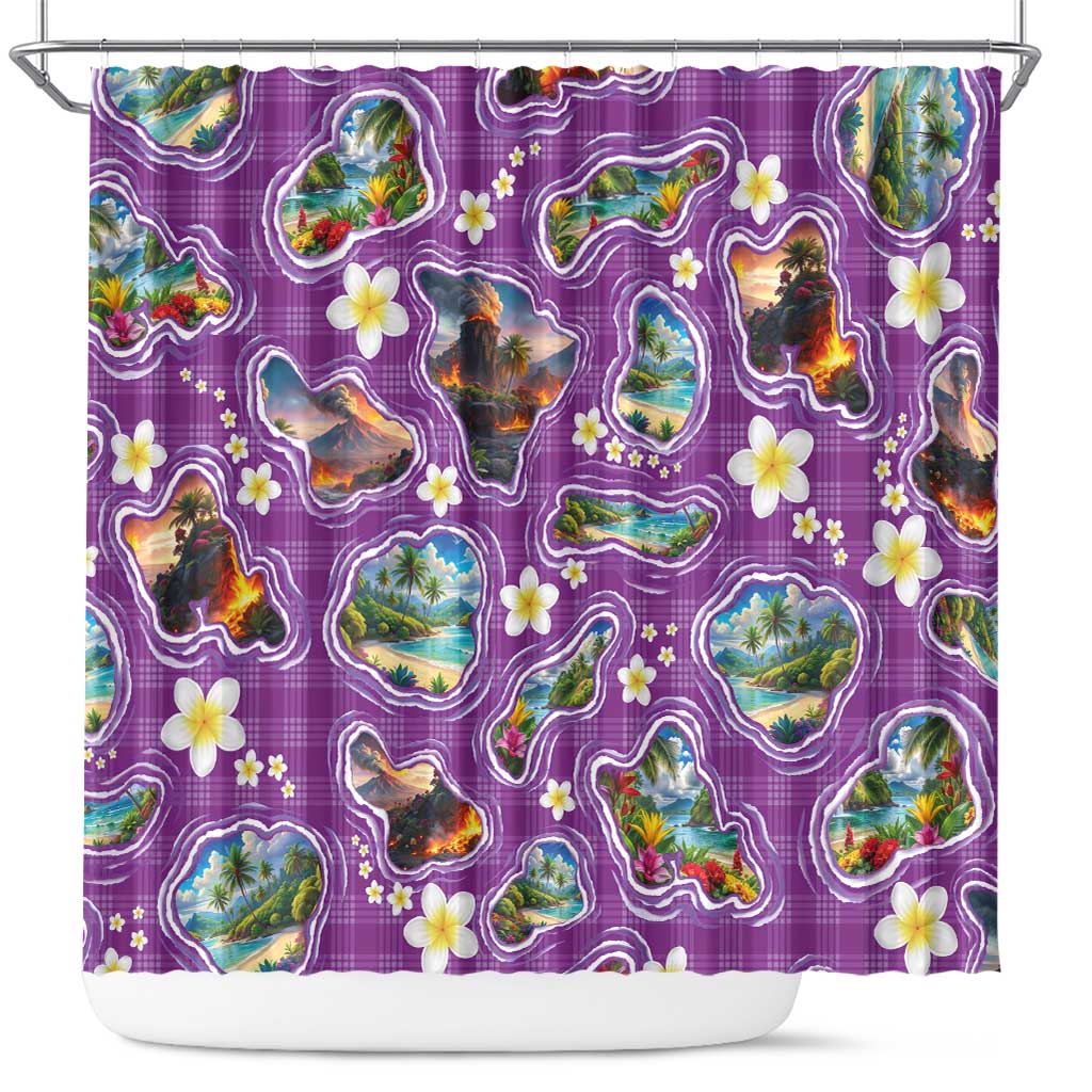 Hawaiian Island Shapes-Iconic Landscape Shower Curtain with Plumeria and Palaka Purple Color LT03 Purple - Polynesian Pride