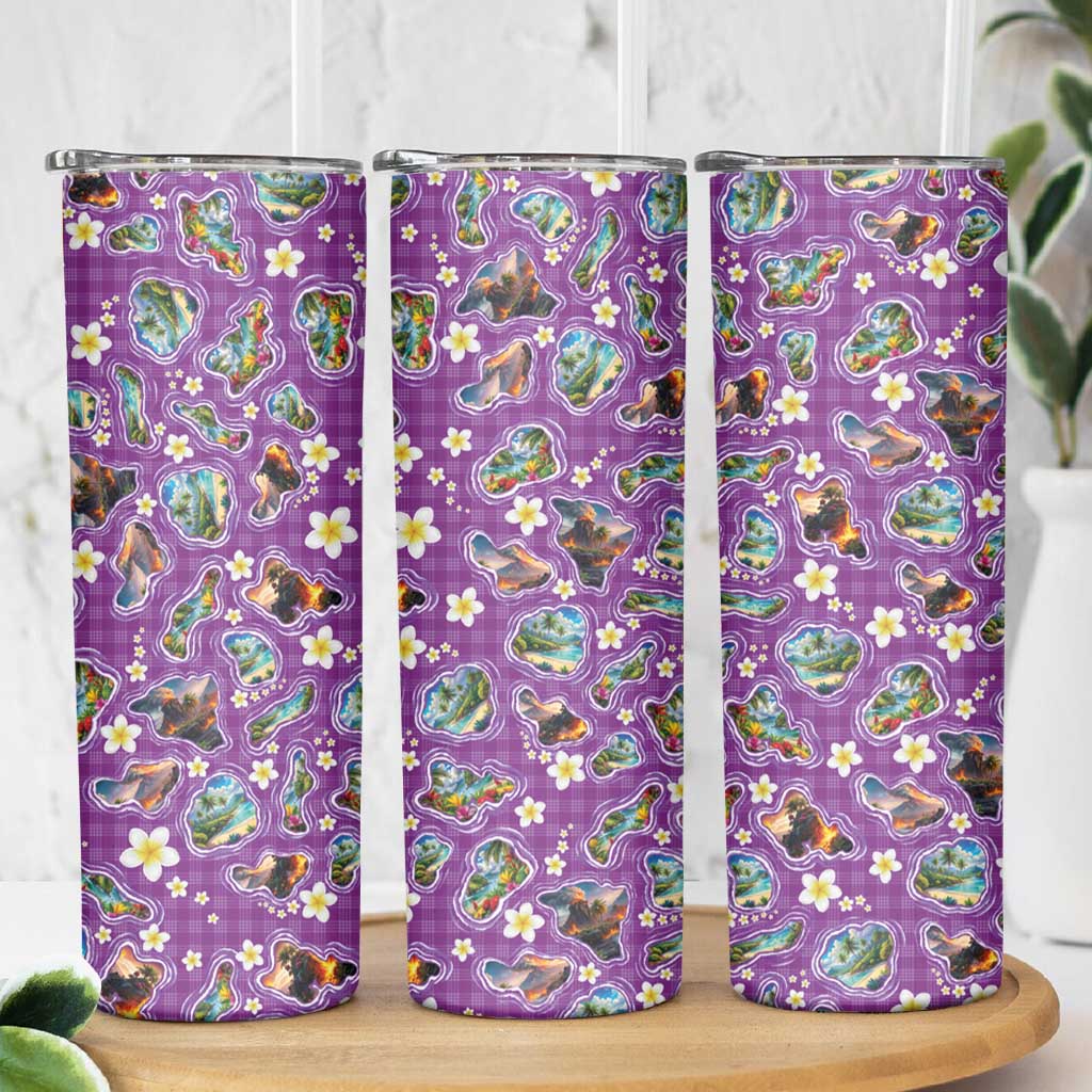 Hawaiian Island Shapes-Iconic Landscape Skinny Tumbler with Plumeria and Palaka Purple Color