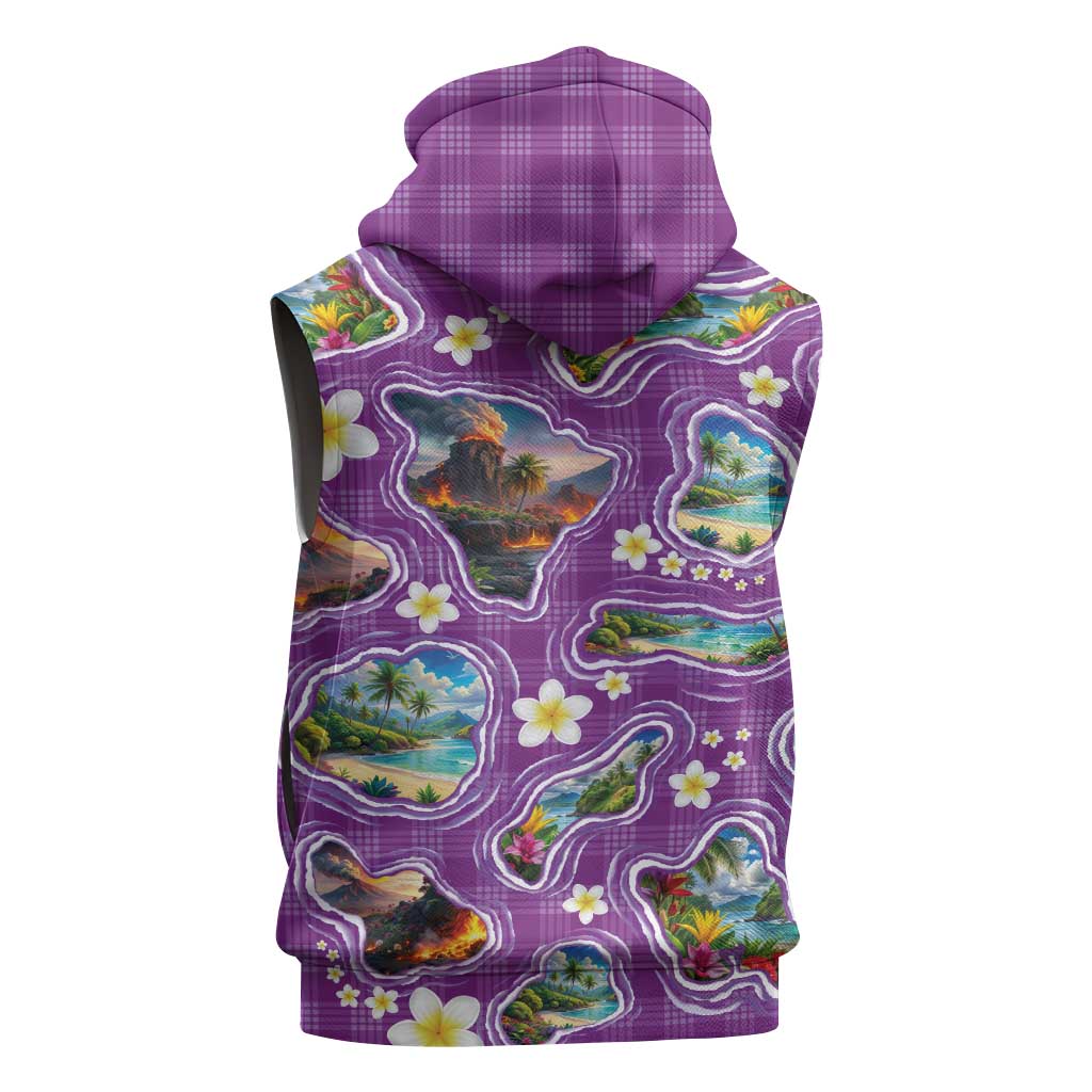 Hawaiian Island Shapes-Iconic Landscape Sleeveless Hoodie with Plumeria and Palaka Purple Color