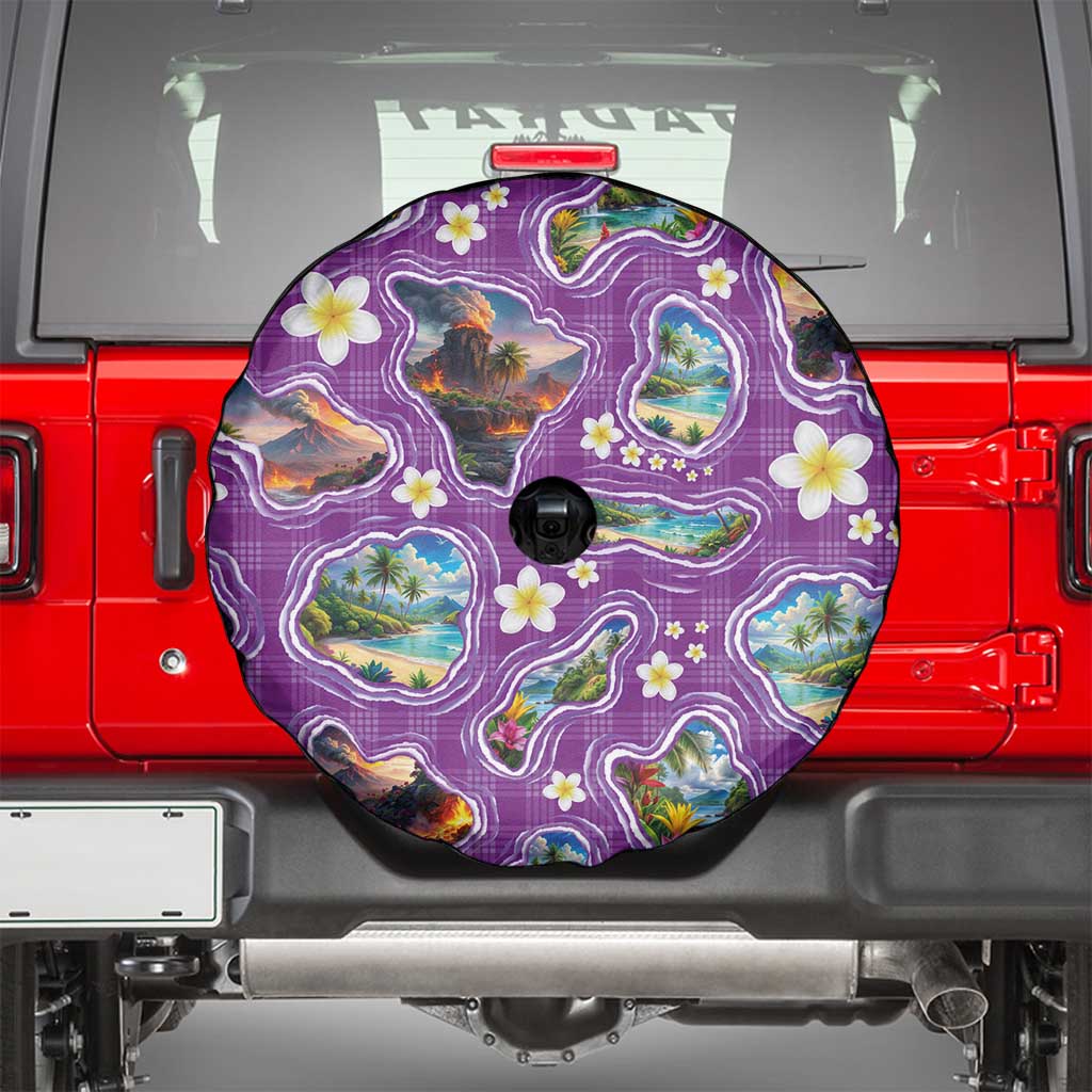 Hawaiian Island Shapes-Iconic Landscape Spare Tire Cover with Plumeria and Palaka Purple Color