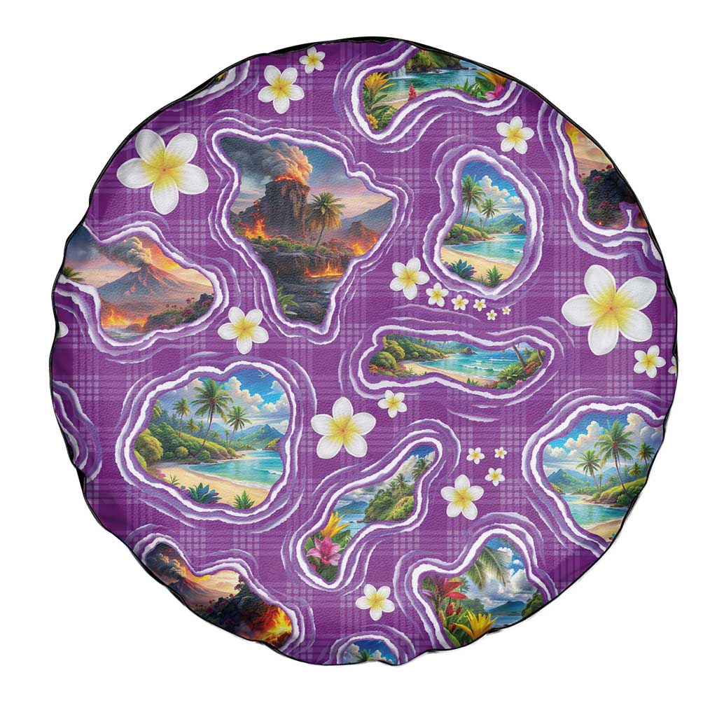 Hawaiian Island Shapes-Iconic Landscape Spare Tire Cover with Plumeria and Palaka Purple Color