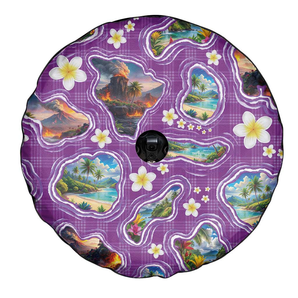 Hawaiian Island Shapes-Iconic Landscape Spare Tire Cover with Plumeria and Palaka Purple Color