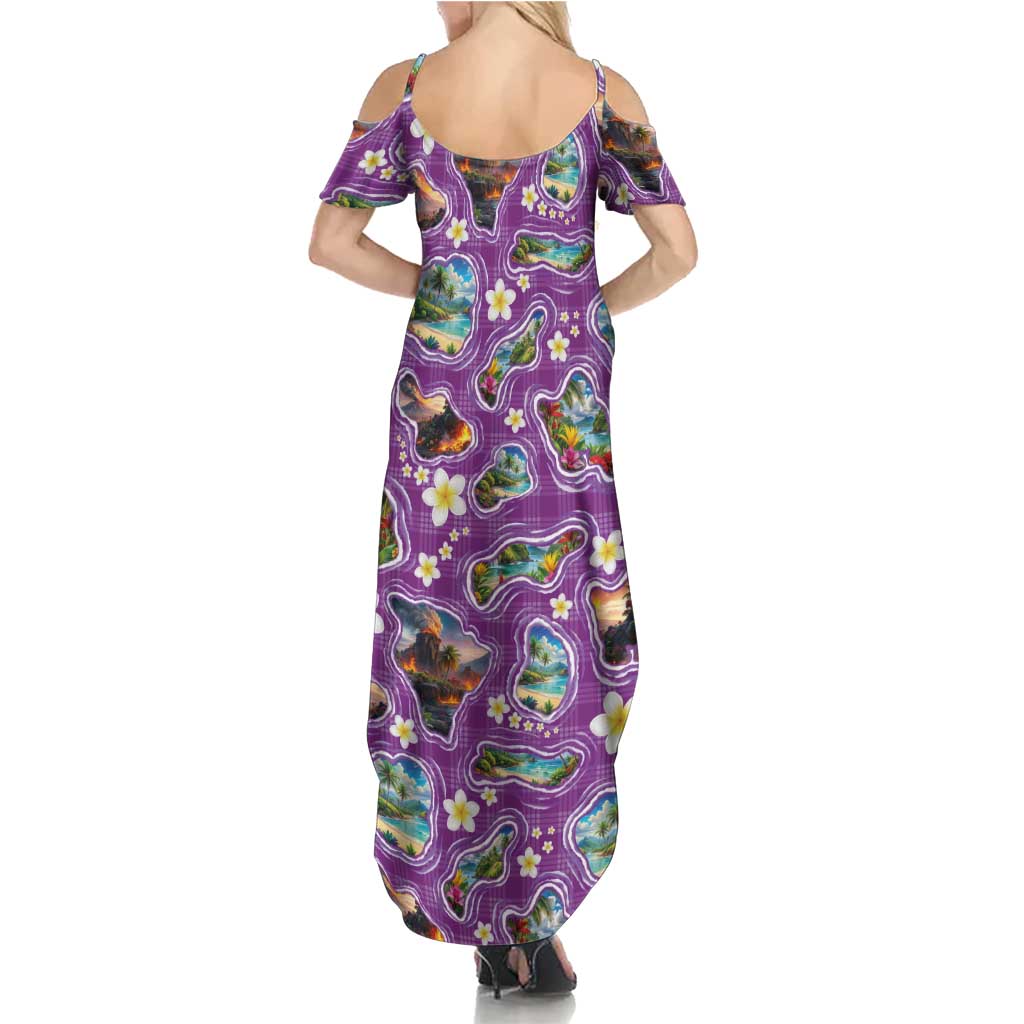 Hawaiian Island Shapes-Iconic Landscape Summer Maxi Dress with Plumeria and Palaka Purple Color