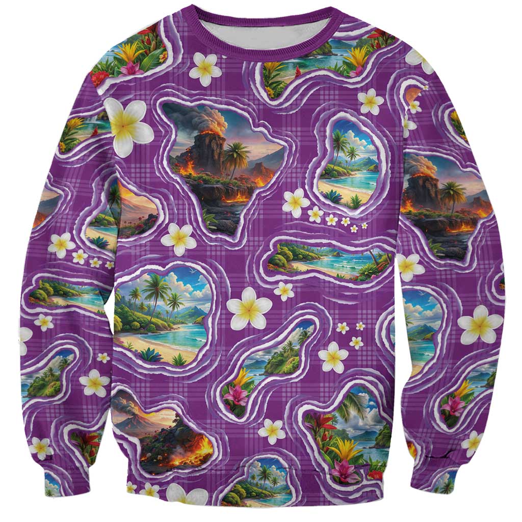 Hawaiian Island Shapes-Iconic Landscape Sweatshirt with Plumeria and Palaka Purple Color LT03 Unisex Purple - Polynesian Pride