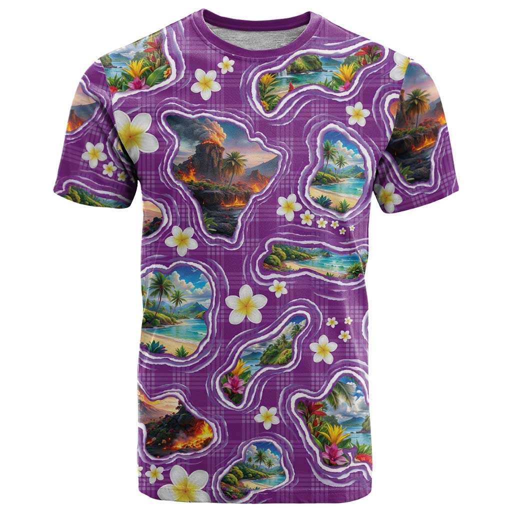Hawaiian Island Shapes-Iconic Landscape T Shirt with Plumeria and Palaka Purple Color LT03 Purple - Polynesian Pride