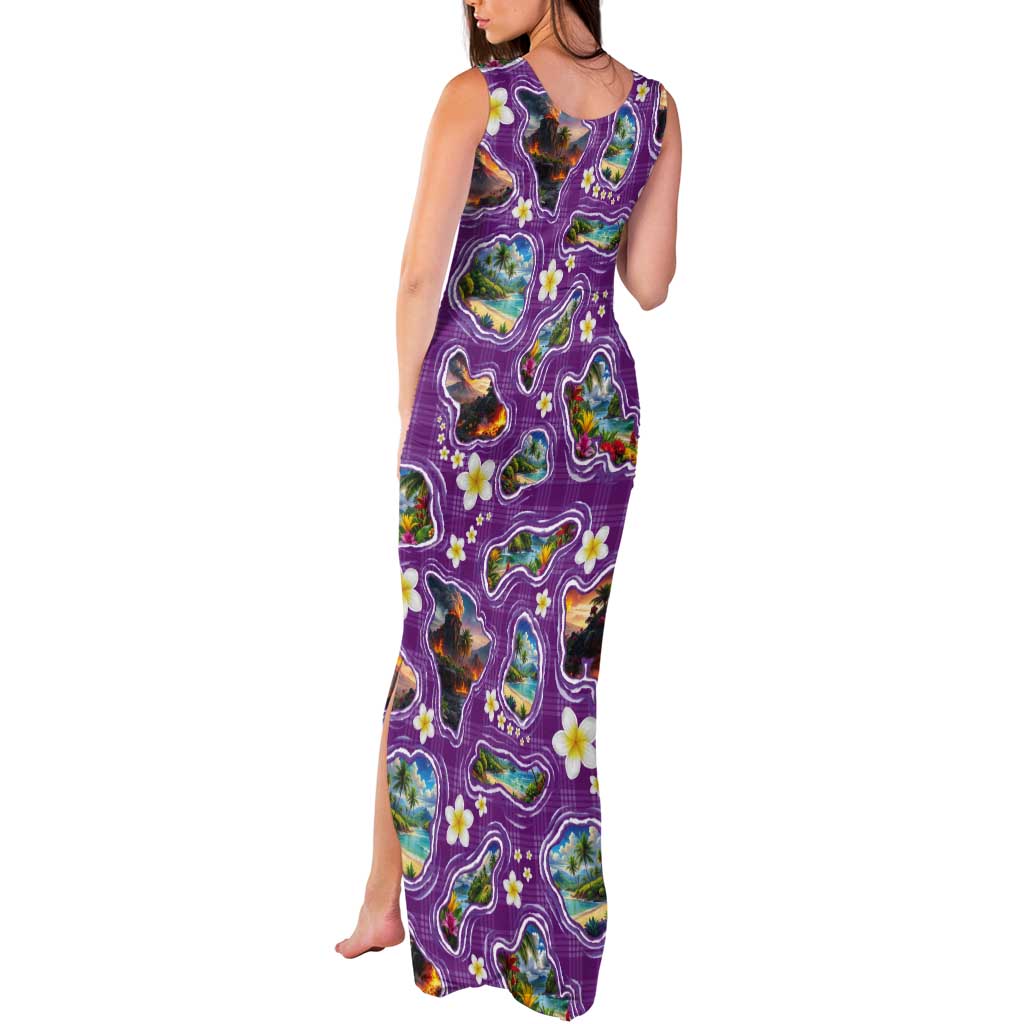 Hawaiian Island Shapes-Iconic Landscape Tank Maxi Dress with Plumeria and Palaka Purple Color