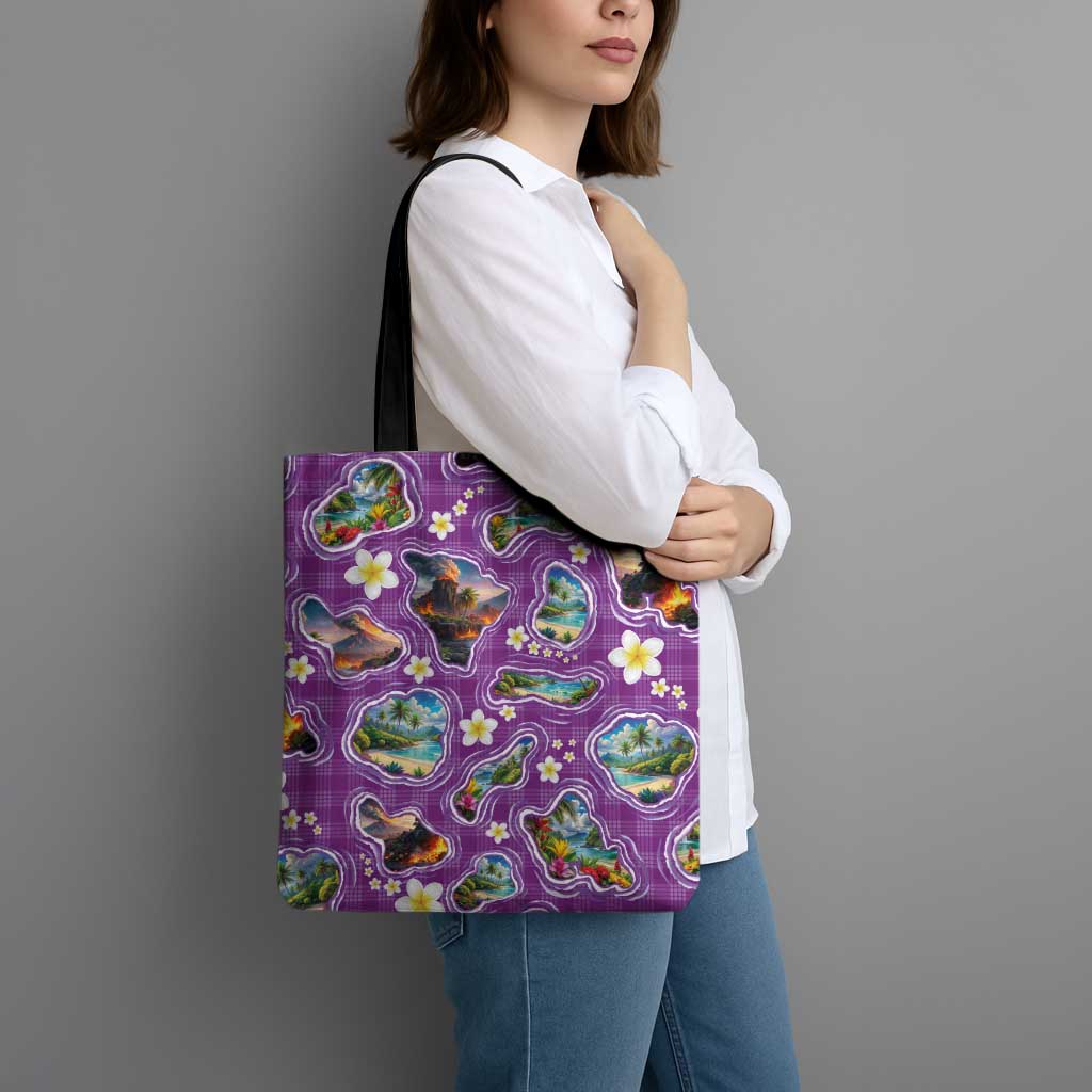 Hawaiian Island Shapes-Iconic Landscape Tote Bag with Plumeria and Palaka Purple Color