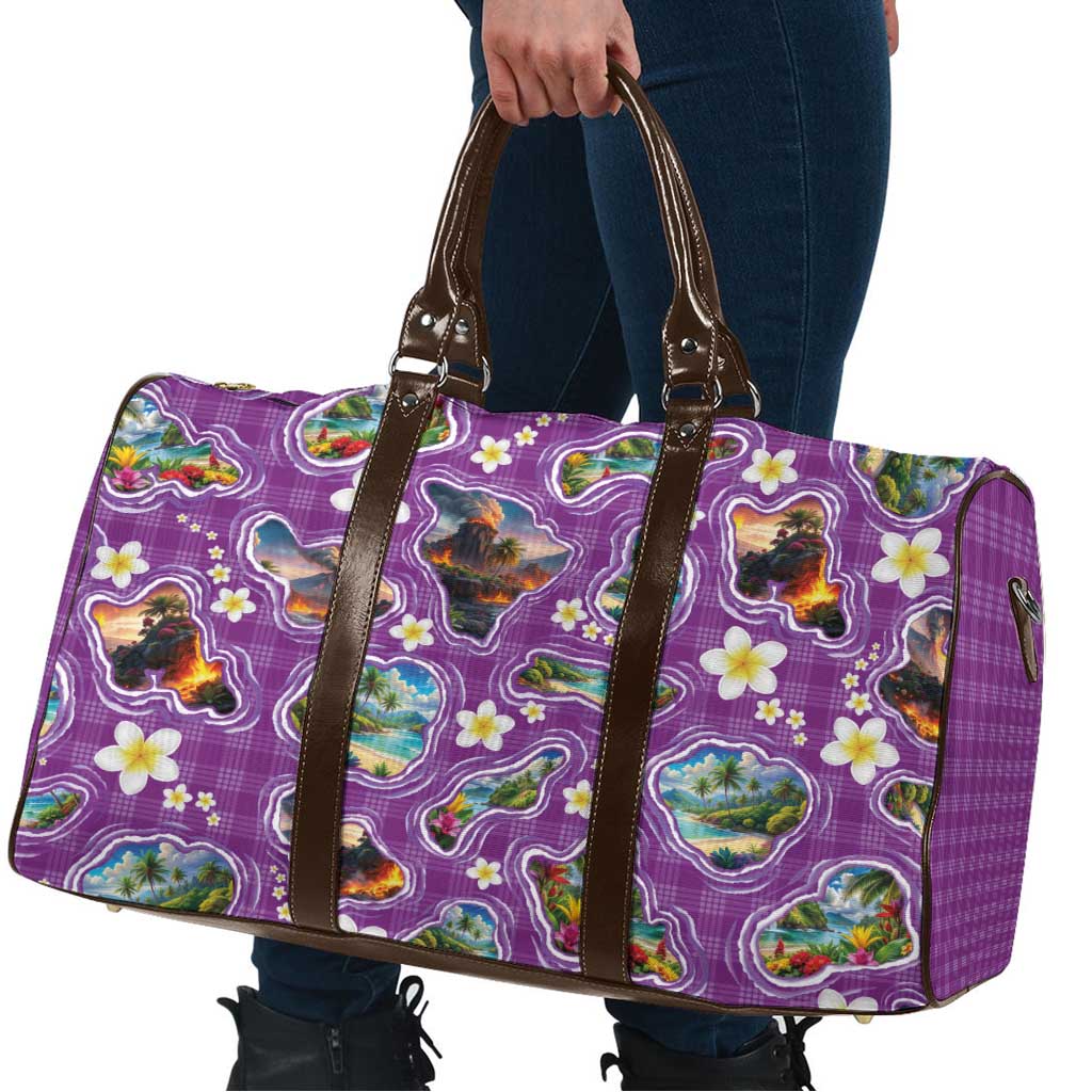 Hawaiian Island Shapes-Iconic Landscape Travel Bag with Plumeria and Palaka Purple Color