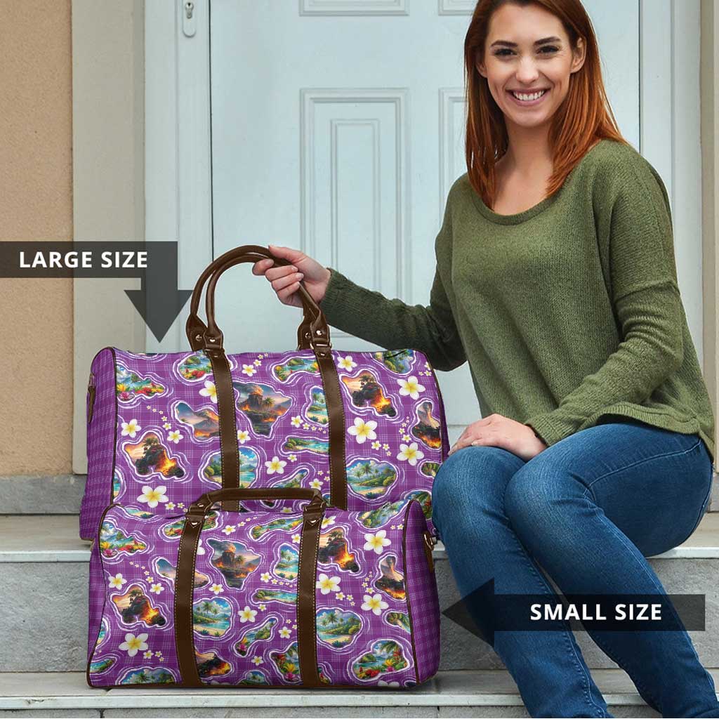 Hawaiian Island Shapes-Iconic Landscape Travel Bag with Plumeria and Palaka Purple Color