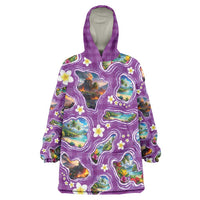 Hawaiian Island Shapes-Iconic Landscape Wearable Blanket Hoodie with Plumeria and Palaka Purple Color
