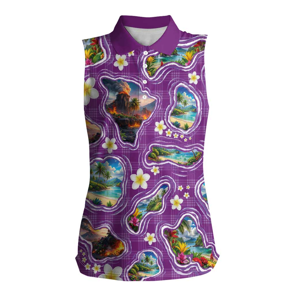 Hawaiian Island Shapes-Iconic Landscape Women Sleeveless Polo Shirt with Plumeria and Palaka Purple Color