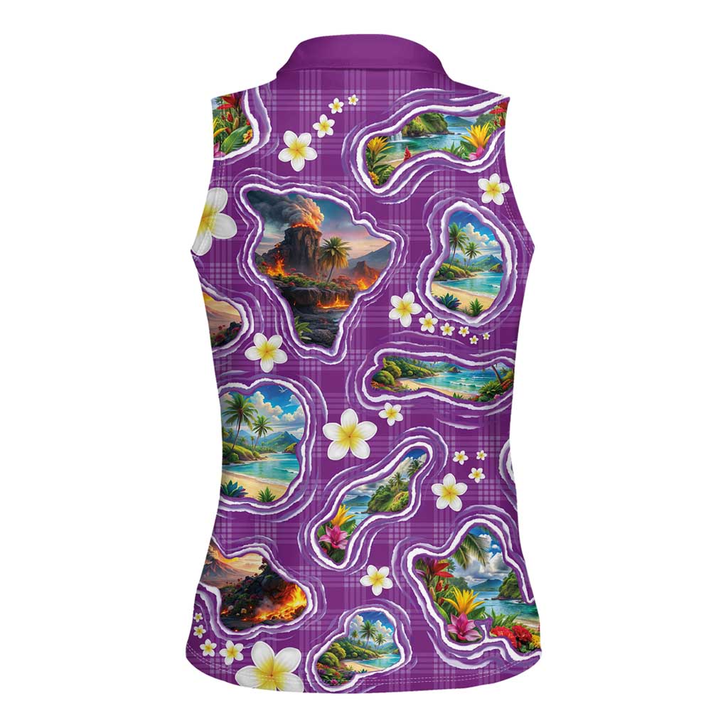 Hawaiian Island Shapes-Iconic Landscape Women Sleeveless Polo Shirt with Plumeria and Palaka Purple Color