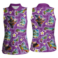 Hawaiian Island Shapes-Iconic Landscape Women Sleeveless Polo Shirt with Plumeria and Palaka Purple Color