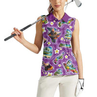 Hawaiian Island Shapes-Iconic Landscape Women Sleeveless Polo Shirt with Plumeria and Palaka Purple Color