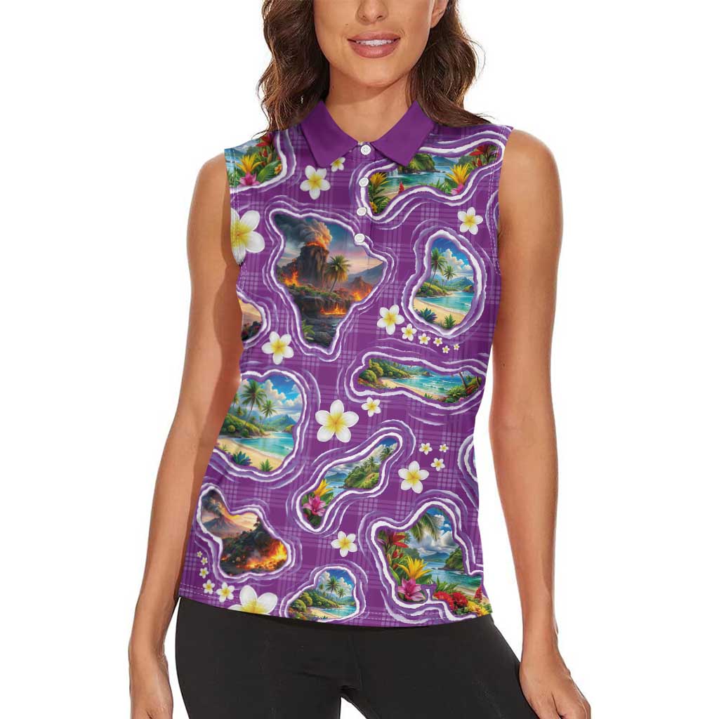 Hawaiian Island Shapes-Iconic Landscape Women Sleeveless Polo Shirt with Plumeria and Palaka Purple Color