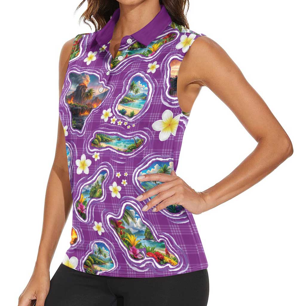 Hawaiian Island Shapes-Iconic Landscape Women Sleeveless Polo Shirt with Plumeria and Palaka Purple Color