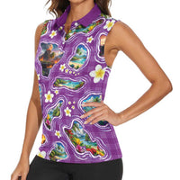Hawaiian Island Shapes-Iconic Landscape Women Sleeveless Polo Shirt with Plumeria and Palaka Purple Color