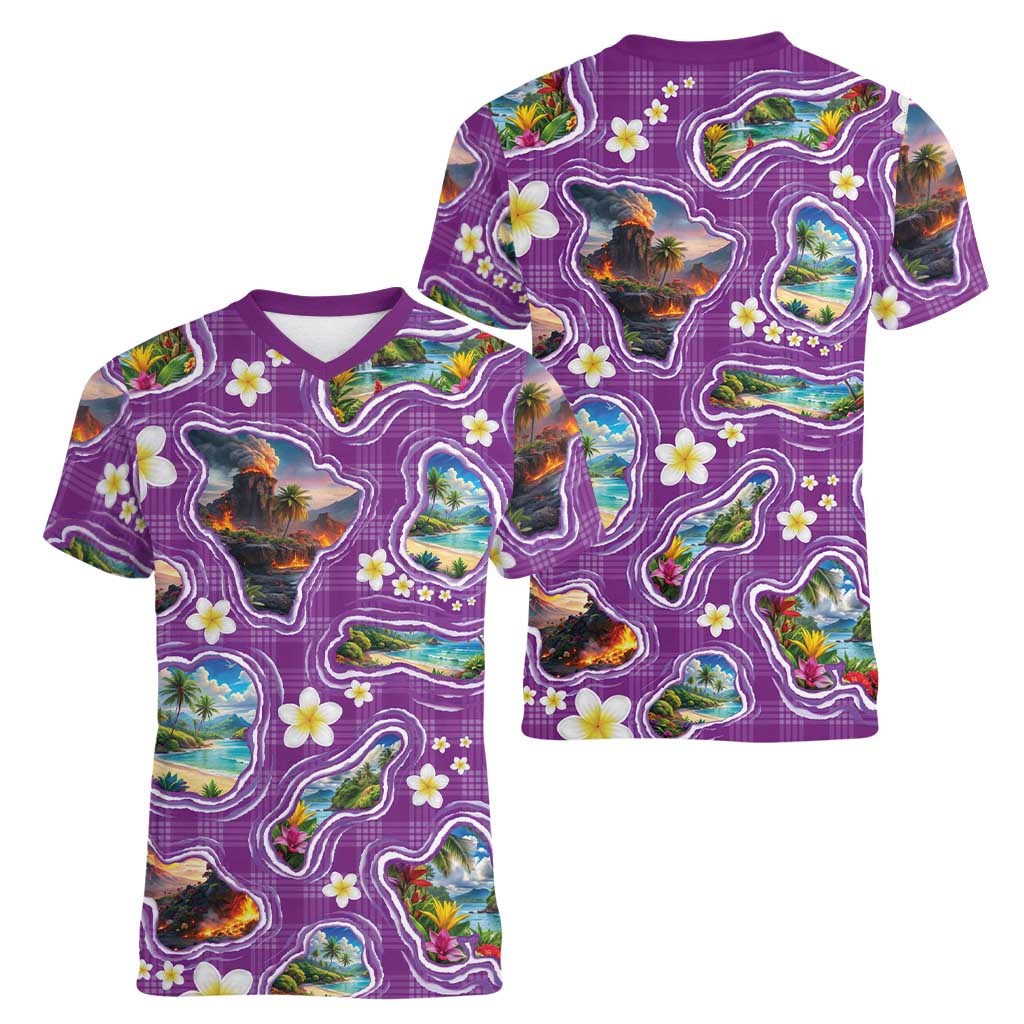 Hawaiian Island Shapes-Iconic Landscape Women V-Neck T-Shirt with Plumeria and Palaka Purple Color