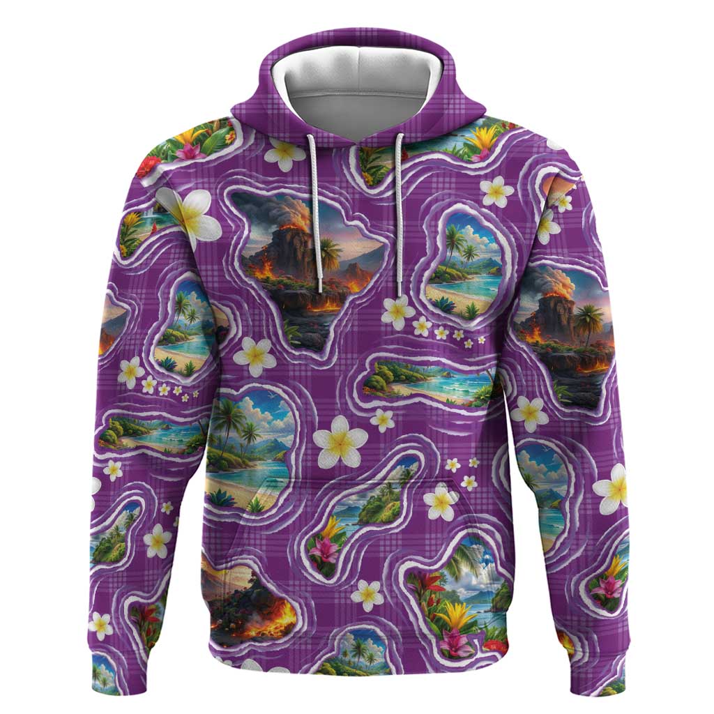 Hawaiian Island Shapes-Iconic Landscape Zip Hoodie with Plumeria and Palaka Purple Color