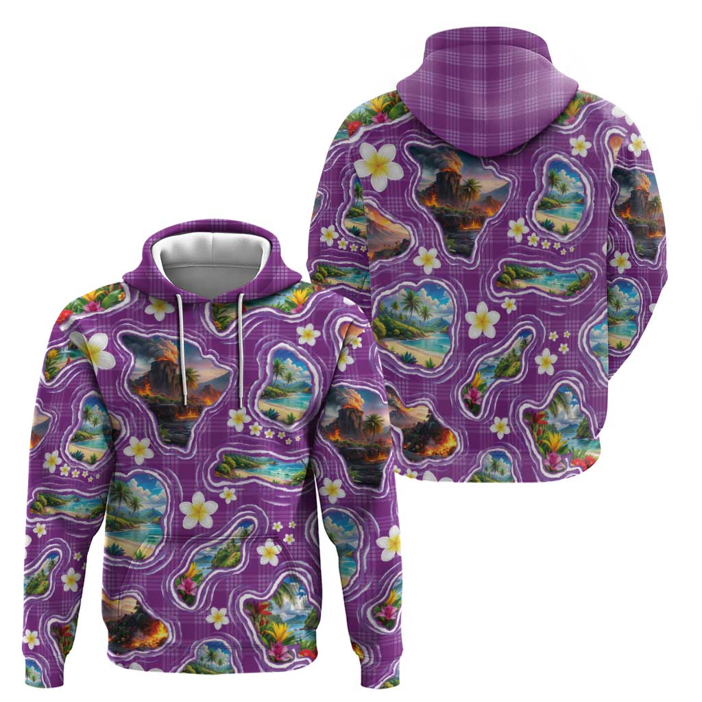 Hawaiian Island Shapes-Iconic Landscape Zip Hoodie with Plumeria and Palaka Purple Color