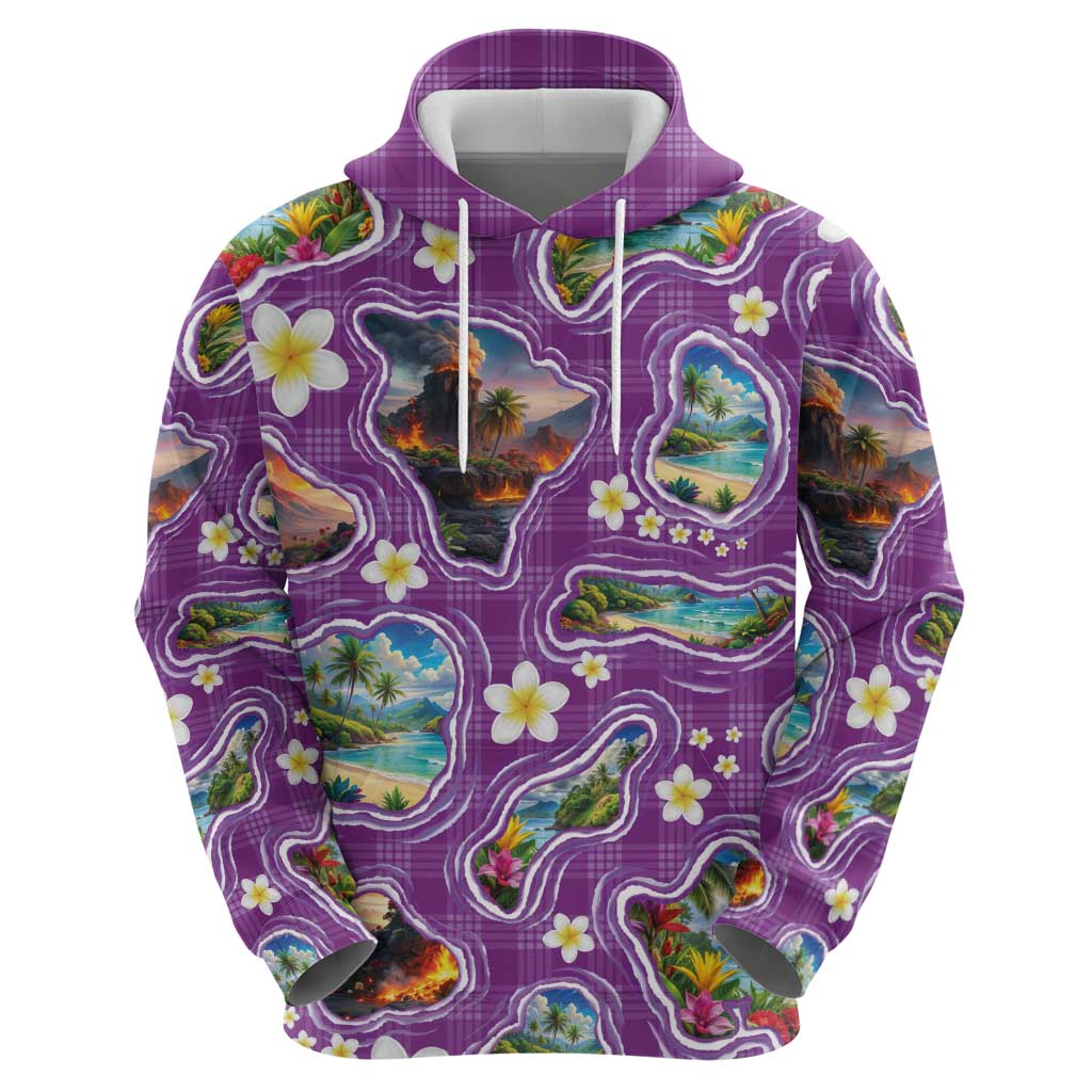 Hawaiian Island Shapes-Iconic Landscape Zip Hoodie with Plumeria and Palaka Purple Color