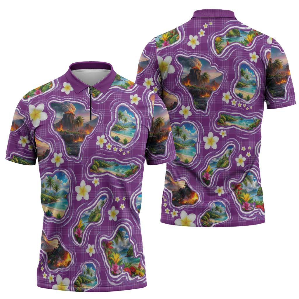 Hawaiian Island Shapes-Iconic Landscape Zipper Polo Shirt with Plumeria and Palaka Purple Color