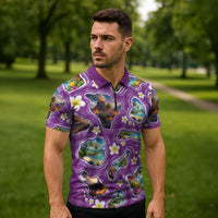 Hawaiian Island Shapes-Iconic Landscape Zipper Polo Shirt with Plumeria and Palaka Purple Color