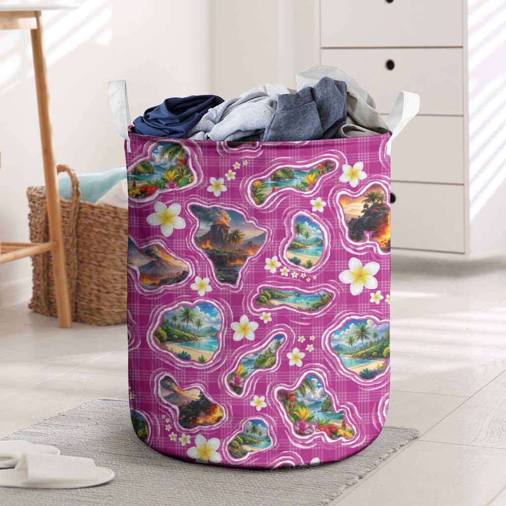 Hawaiian Island Shapes-Iconic Landscape Laundry Basket with Plumeria and Palaka Pink Color
