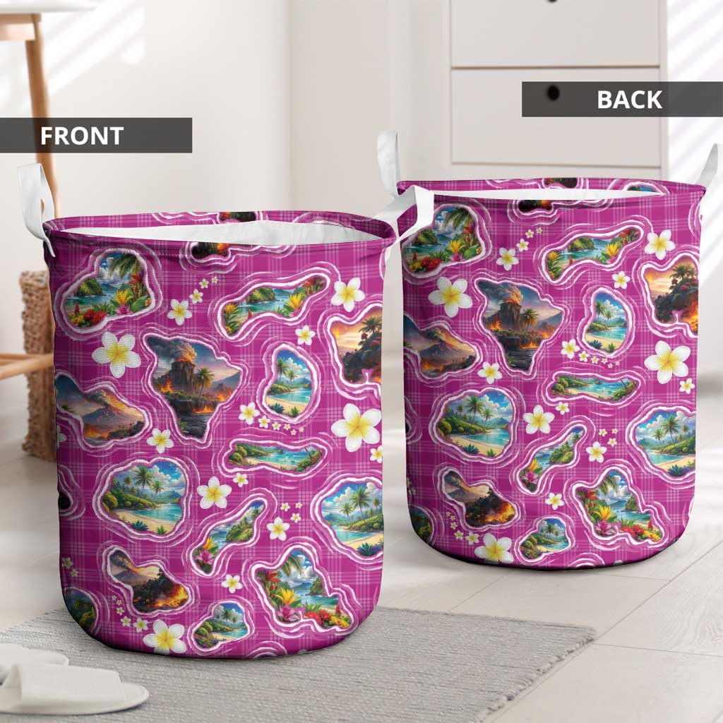 Hawaiian Island Shapes-Iconic Landscape Laundry Basket with Plumeria and Palaka Pink Color