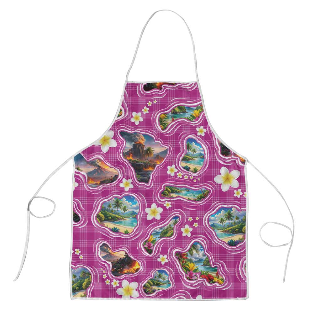 Hawaiian Island Shapes-Iconic Landscape Apron with Plumeria and Palaka Pink Color LT03 Pink - Polynesian Pride