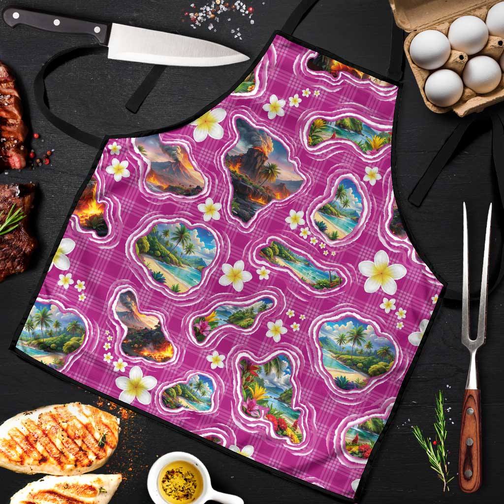 Hawaiian Island Shapes-Iconic Landscape Apron with Plumeria and Palaka Pink Color LT03 Pink - Polynesian Pride