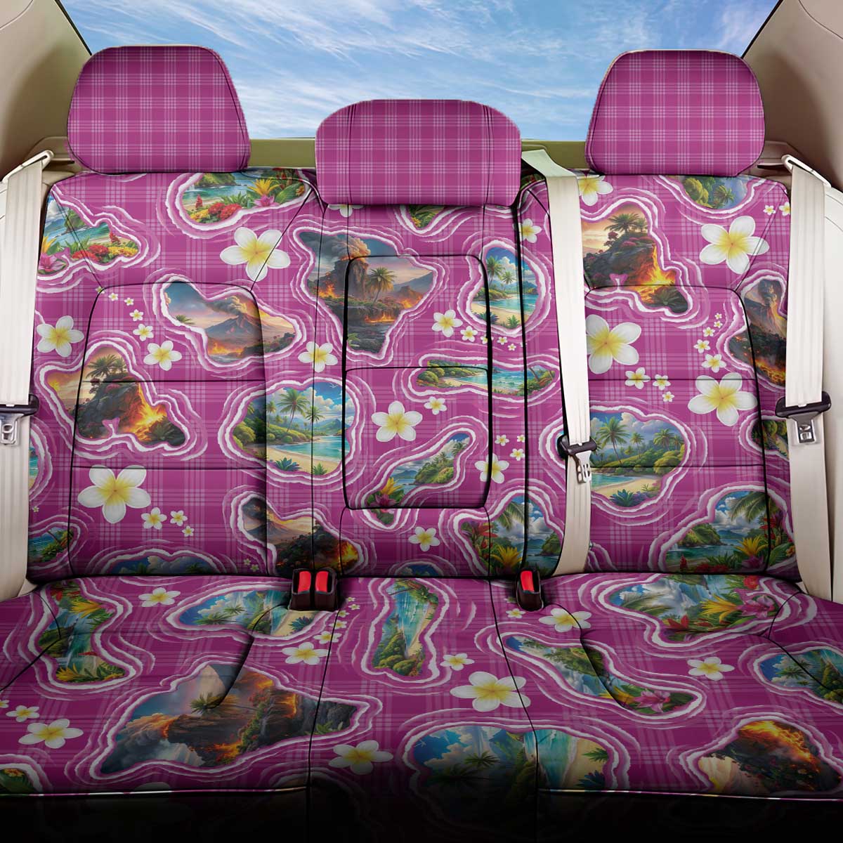Hawaiian Island Shapes-Iconic Landscape Back Car Seat Cover with Plumeria and Palaka Pink Color LT03 One Size Pink - Polynesian Pride