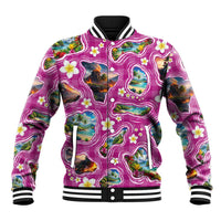 Hawaiian Island Shapes-Iconic Landscape Baseball Jacket with Plumeria and Palaka Pink Color LT03 Unisex Pink - Polynesian Pride