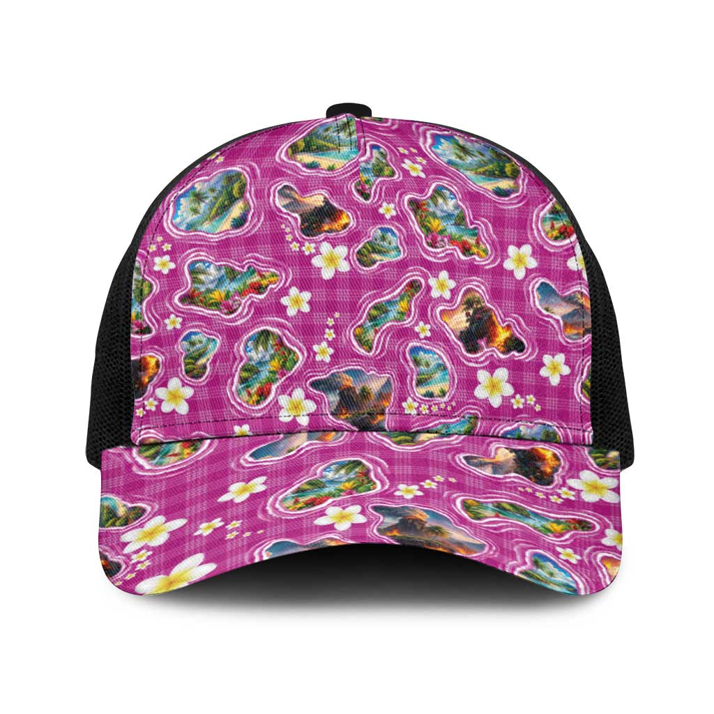Hawaiian Island Shapes-Iconic Landscape Baseball Net Cap with Plumeria and Palaka Pink Color