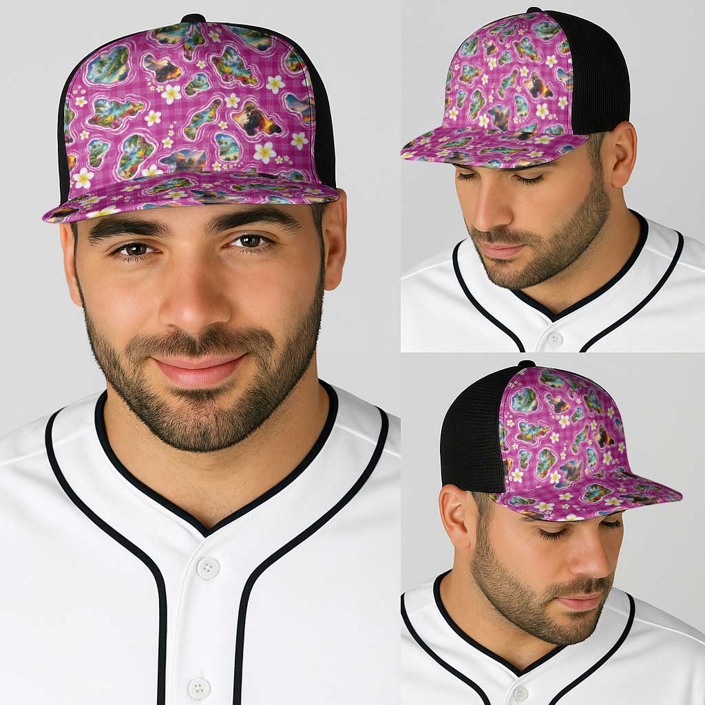 Hawaiian Island Shapes-Iconic Landscape Baseball Net Cap with Plumeria and Palaka Pink Color LT03 - Polynesian Pride