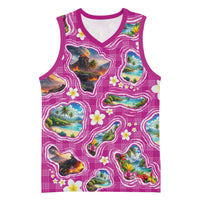 Hawaiian Island Shapes-Iconic Landscape Basketball Jersey with Plumeria and Palaka Pink Color