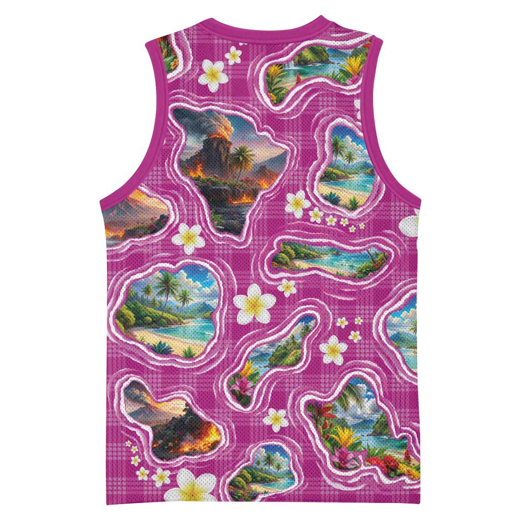 Hawaiian Island Shapes-Iconic Landscape Basketball Jersey with Plumeria and Palaka Pink Color
