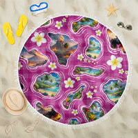 Hawaiian Island Shapes-Iconic Landscape Beach Blanket with Plumeria and Palaka Pink Color