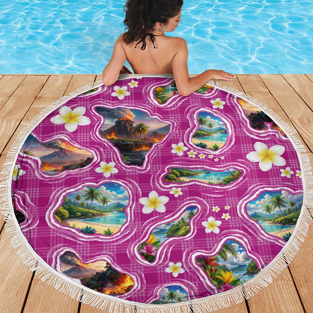 Hawaiian Island Shapes-Iconic Landscape Beach Blanket with Plumeria and Palaka Pink Color