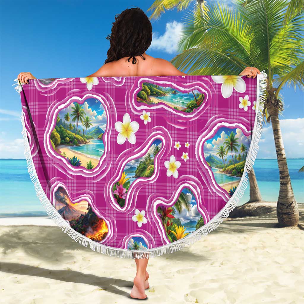 Hawaiian Island Shapes-Iconic Landscape Beach Blanket with Plumeria and Palaka Pink Color