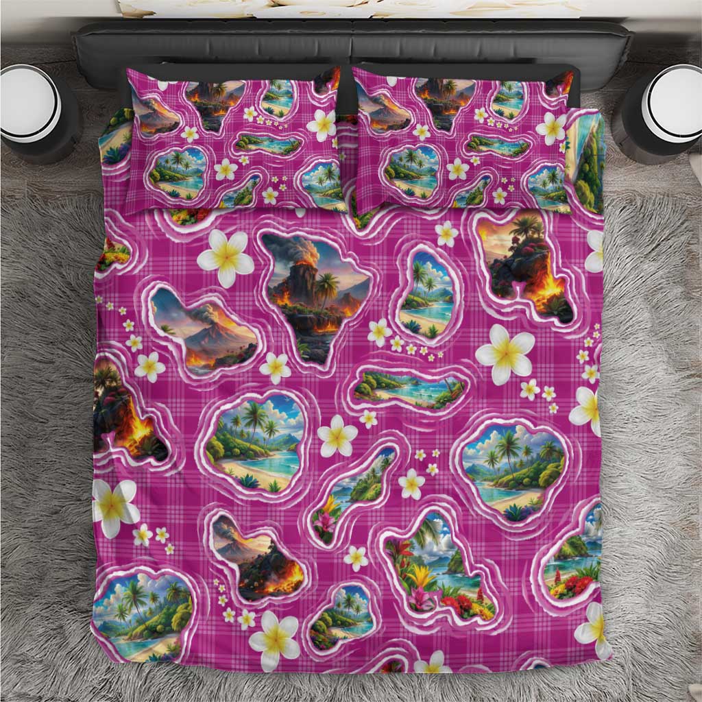 Hawaiian Island Shapes-Iconic Landscape Bedding Set with Plumeria and Palaka Pink Color LT03 Pink - Polynesian Pride